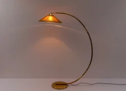 Discount Pamono Mid-Century Modern Brass & Rattan Arc Floor Lamp, Italy, 1950s