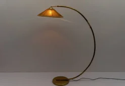 Discount Pamono Mid-Century Modern Brass & Rattan Arc Floor Lamp, Italy, 1950s