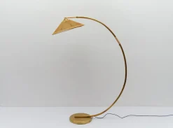 Discount Pamono Mid-Century Modern Brass & Rattan Arc Floor Lamp, Italy, 1950s