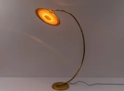 Discount Pamono Mid-Century Modern Brass & Rattan Arc Floor Lamp, Italy, 1950s