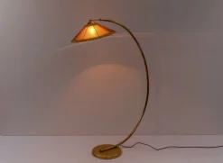 Discount Pamono Mid-Century Modern Brass & Rattan Arc Floor Lamp, Italy, 1950s