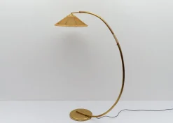 Discount Pamono Mid-Century Modern Brass & Rattan Arc Floor Lamp, Italy, 1950s