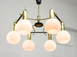 Best Pamono Mid-Century Modern Brass and Opaline Chandelier, Italy