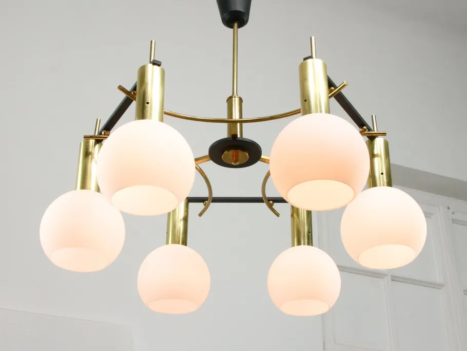 Best Pamono Mid-Century Modern Brass and Opaline Chandelier, Italy
