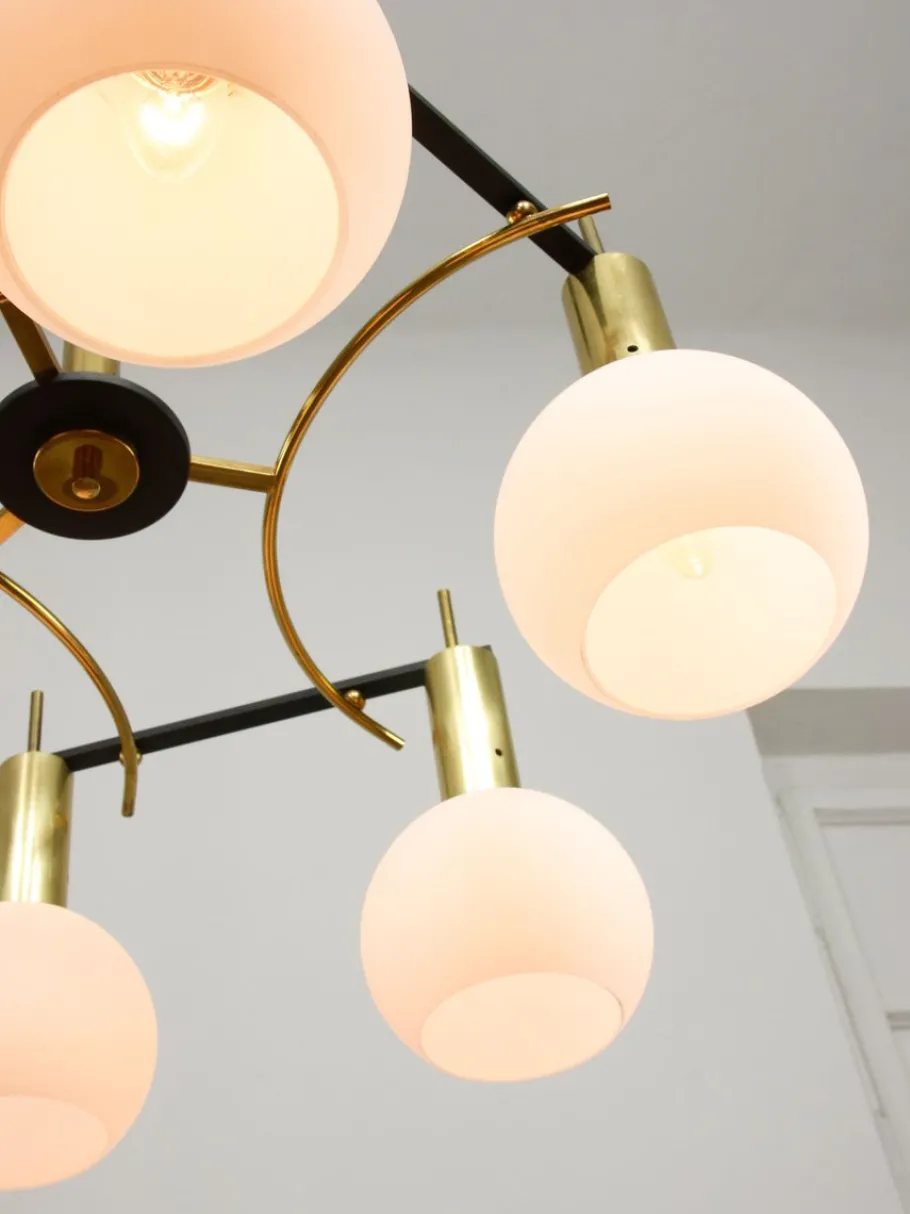 Best Pamono Mid-Century Modern Brass and Opaline Chandelier, Italy