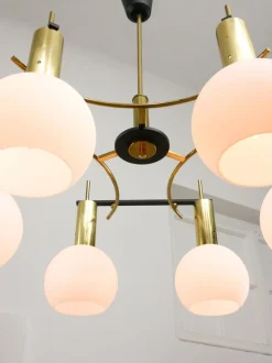 Best Pamono Mid-Century Modern Brass and Opaline Chandelier, Italy