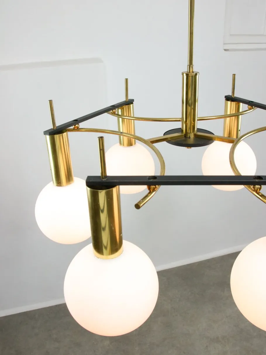 Best Pamono Mid-Century Modern Brass and Opaline Chandelier, Italy