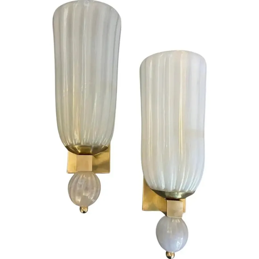 Clearance Pamono Mid-Century Modern Brass and Murano Glass Wall Sconces in the style of Barovier, 1990s, Set of 2