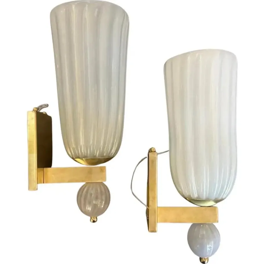 Clearance Pamono Mid-Century Modern Brass and Murano Glass Wall Sconces in the style of Barovier, 1990s, Set of 2