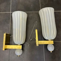Clearance Pamono Mid-Century Modern Brass and Murano Glass Wall Sconces in the style of Barovier, 1990s, Set of 2