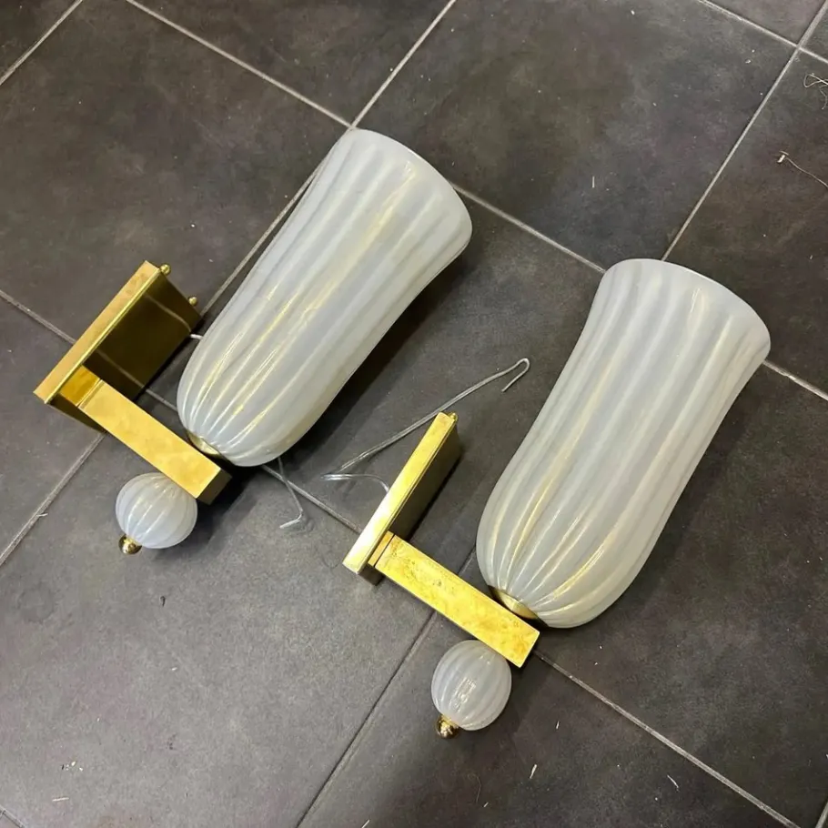 Clearance Pamono Mid-Century Modern Brass and Murano Glass Wall Sconces in the style of Barovier, 1990s, Set of 2