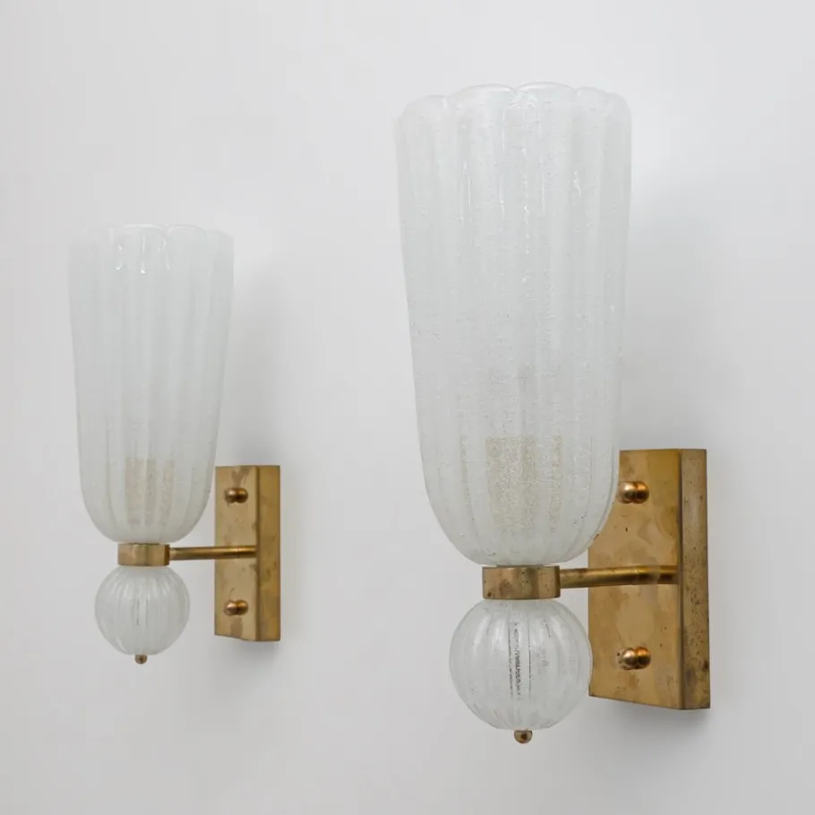 Clearance Pamono Mid-Century Modern Brass and Pulegoso Murano Glass Sconces, 1980, Set of 2