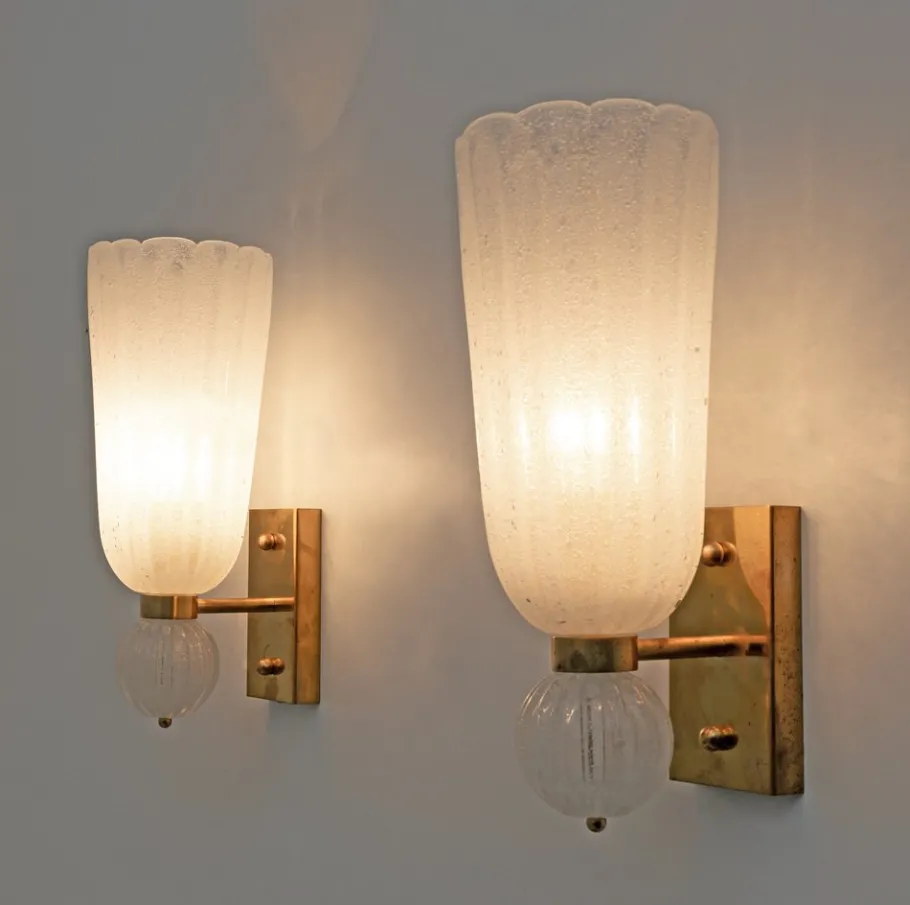 Clearance Pamono Mid-Century Modern Brass and Pulegoso Murano Glass Sconces, 1980, Set of 2
