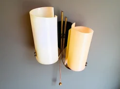 Clearance Pamono Mid-Century Modern Double Light Wall Sconce Lamp with Pulling Cord, 1970s