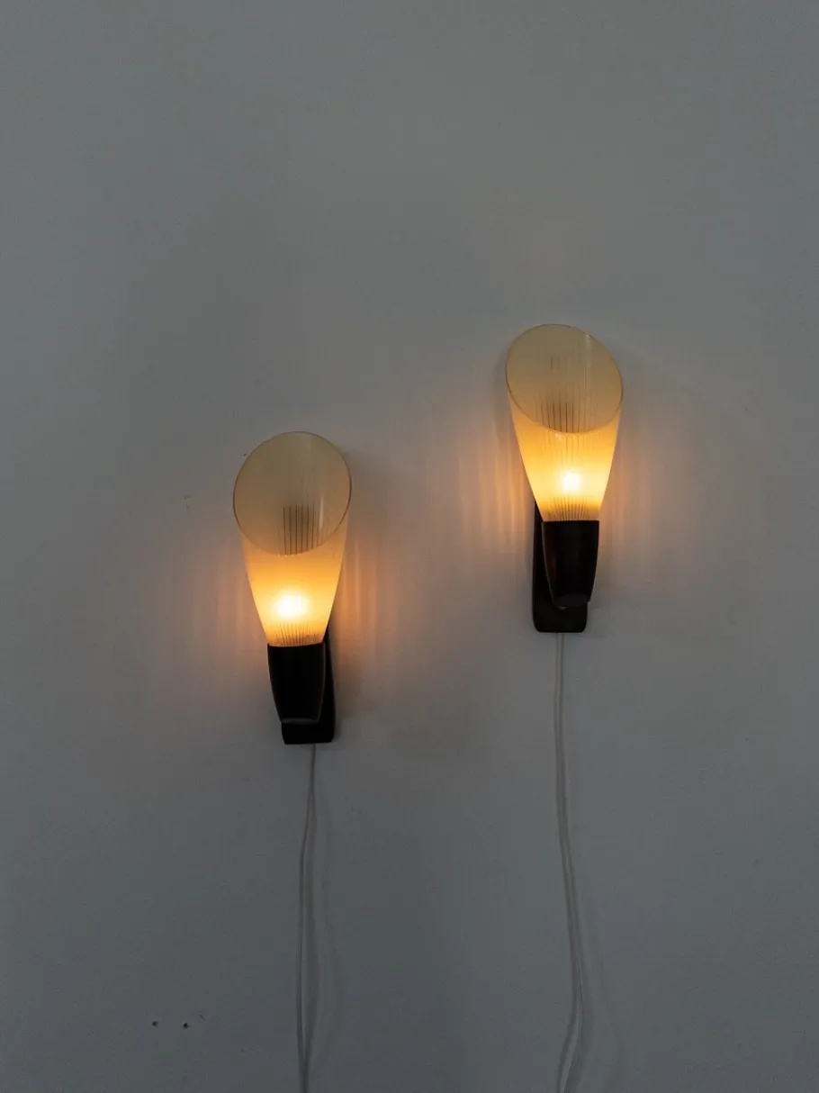 Clearance Pamono Mid-Century Modern Scandinavian Wall Lamps with Ribbed Glass and Santos Rosewood Details, 1950s, Set of 2