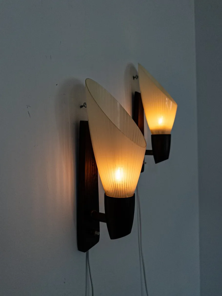 Clearance Pamono Mid-Century Modern Scandinavian Wall Lamps with Ribbed Glass and Santos Rosewood Details, 1950s, Set of 2