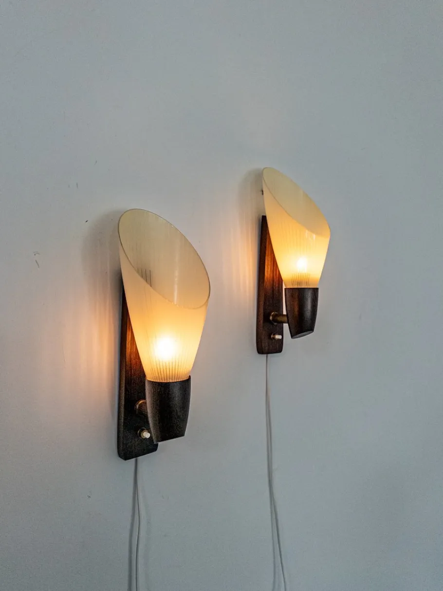 Clearance Pamono Mid-Century Modern Scandinavian Wall Lamps with Ribbed Glass and Santos Rosewood Details, 1950s, Set of 2