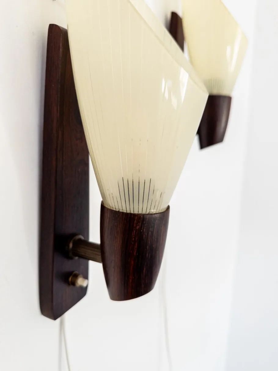 Clearance Pamono Mid-Century Modern Scandinavian Wall Lamps with Ribbed Glass and Santos Rosewood Details, 1950s, Set of 2