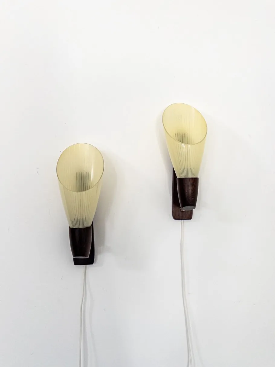 Clearance Pamono Mid-Century Modern Scandinavian Wall Lamps with Ribbed Glass and Santos Rosewood Details, 1950s, Set of 2