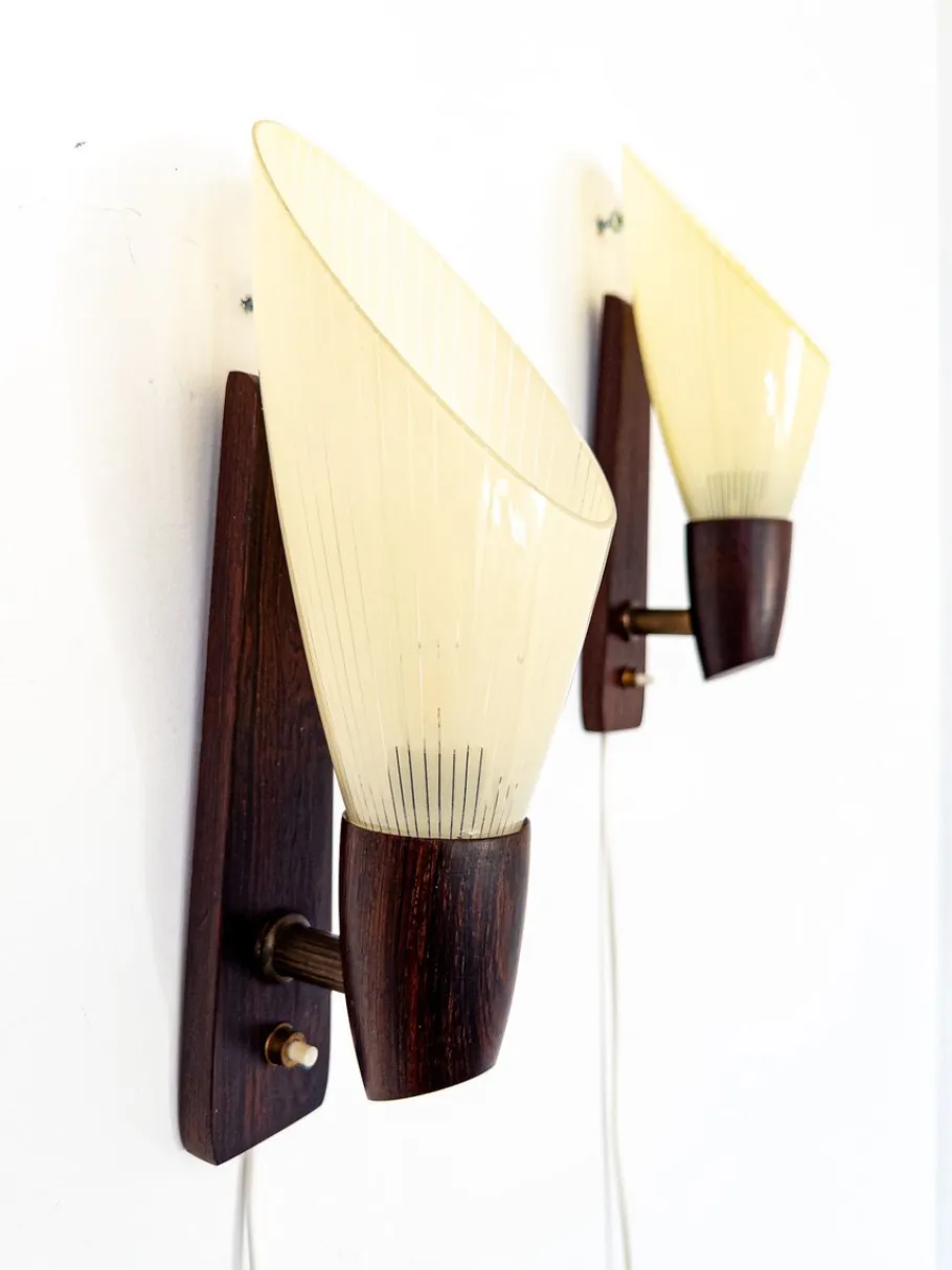 Clearance Pamono Mid-Century Modern Scandinavian Wall Lamps with Ribbed Glass and Santos Rosewood Details, 1950s, Set of 2