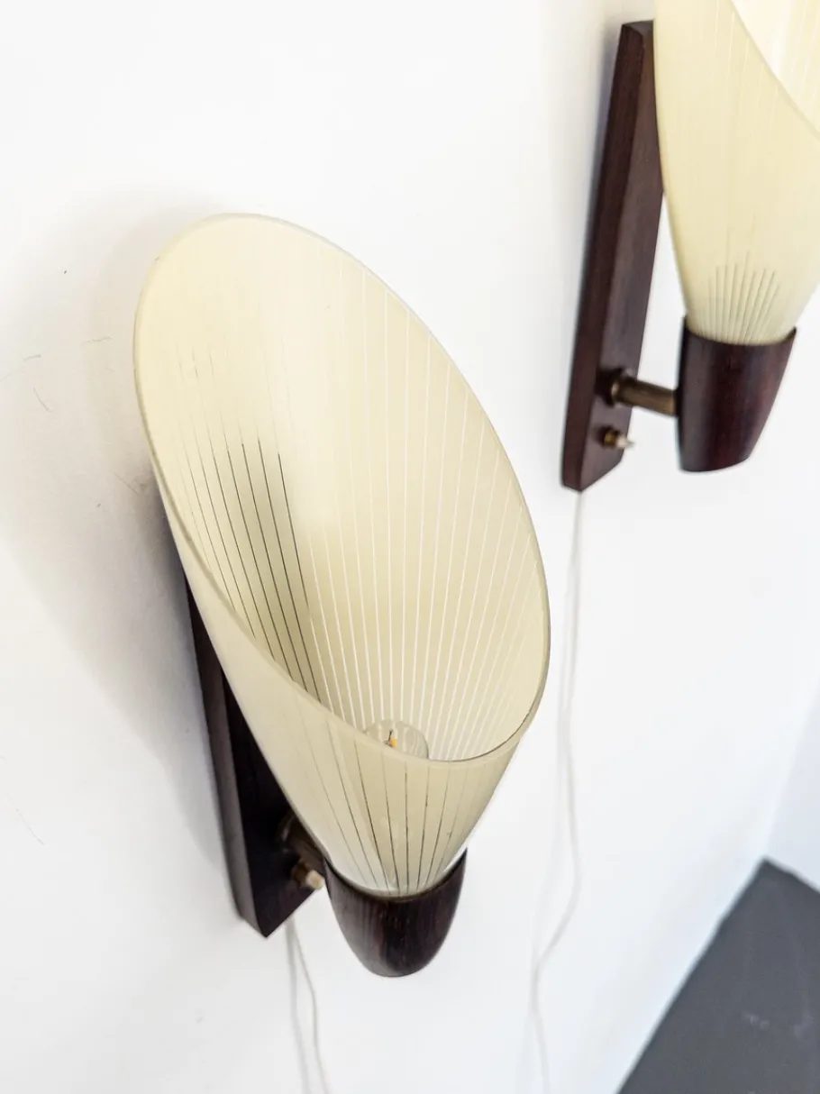 Clearance Pamono Mid-Century Modern Scandinavian Wall Lamps with Ribbed Glass and Santos Rosewood Details, 1950s, Set of 2