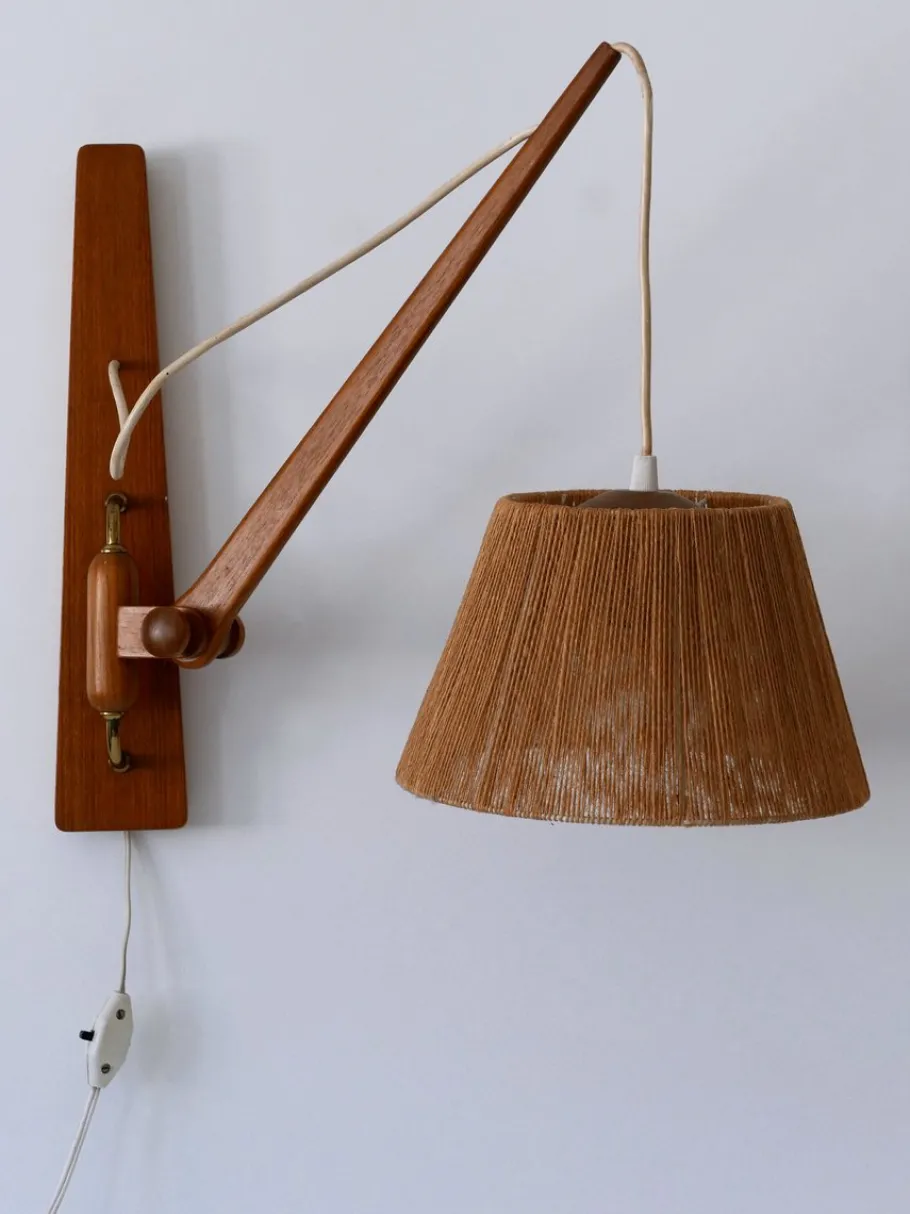 Best Pamono Mid-Century Modern Swing Teak & Sisal Wall Light, Denmark, 1960s