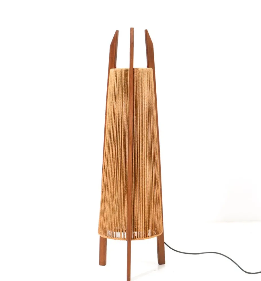 New Pamono Mid-Century Modern Teak Tripod Floor Lamp with Hemp Strings from Fog & Mørup, 1960s