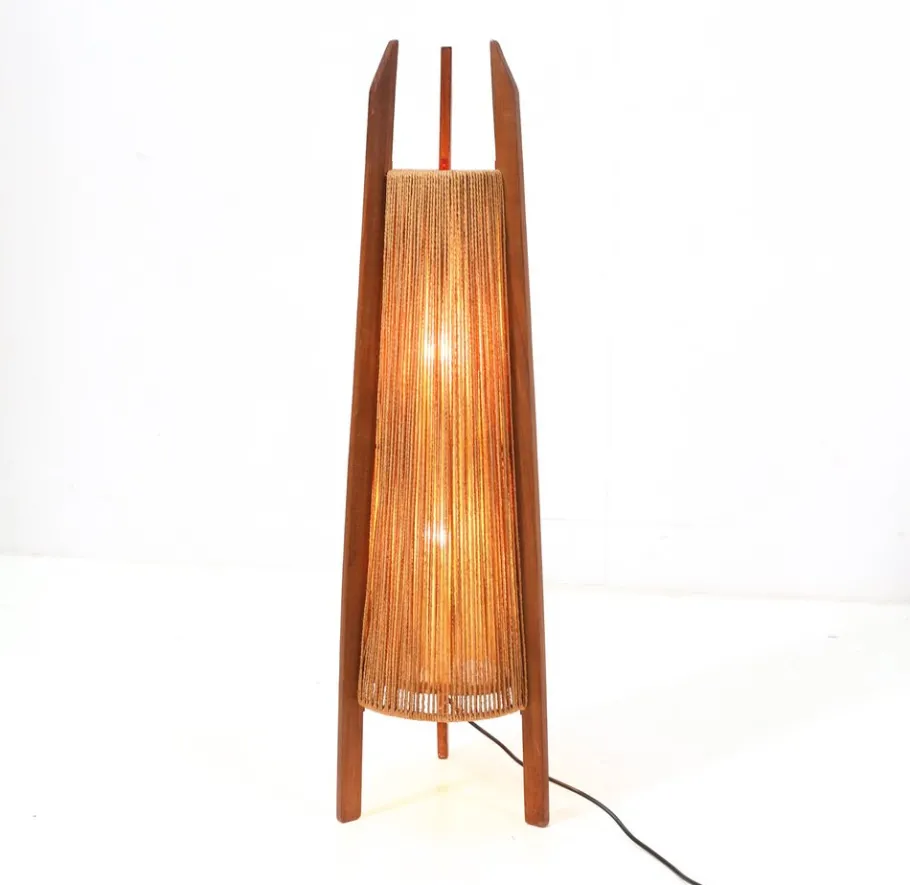 New Pamono Mid-Century Modern Teak Tripod Floor Lamp with Hemp Strings from Fog & Mørup, 1960s