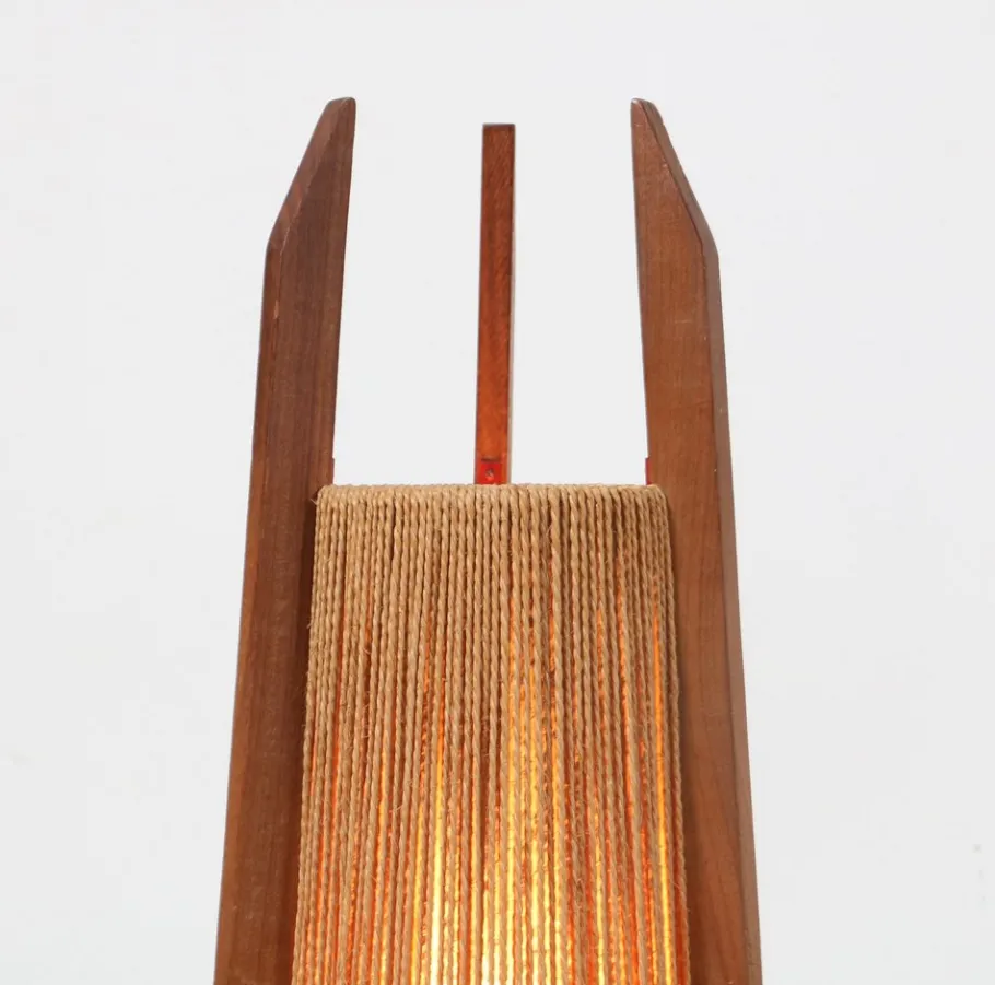 New Pamono Mid-Century Modern Teak Tripod Floor Lamp with Hemp Strings from Fog & Mørup, 1960s