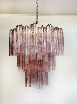 Best Pamono Mid-Century Modern Three-Tier Murano Glass Tube Chandelier with 48 Pink Glasses, 1990s