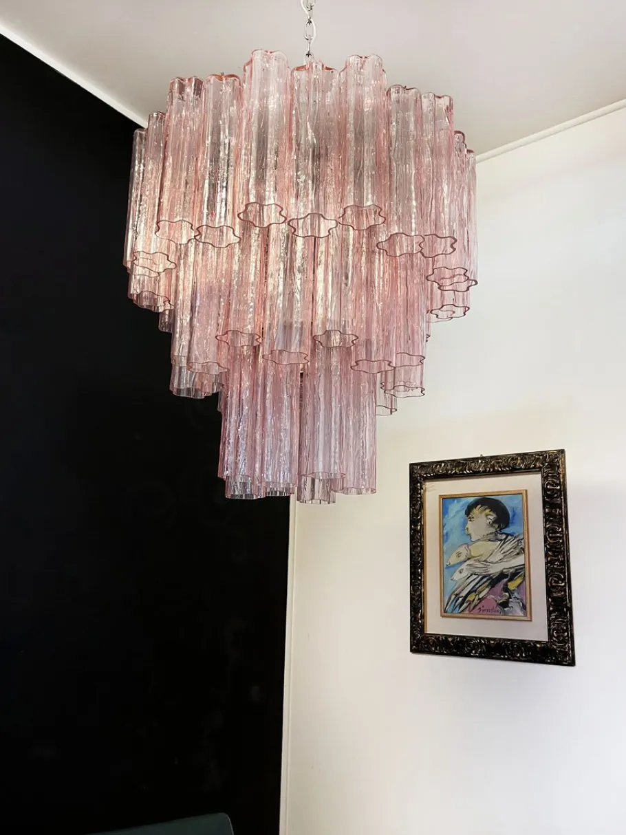 Best Pamono Mid-Century Modern Three-Tier Murano Glass Tube Chandelier with 48 Pink Glasses, 1990s