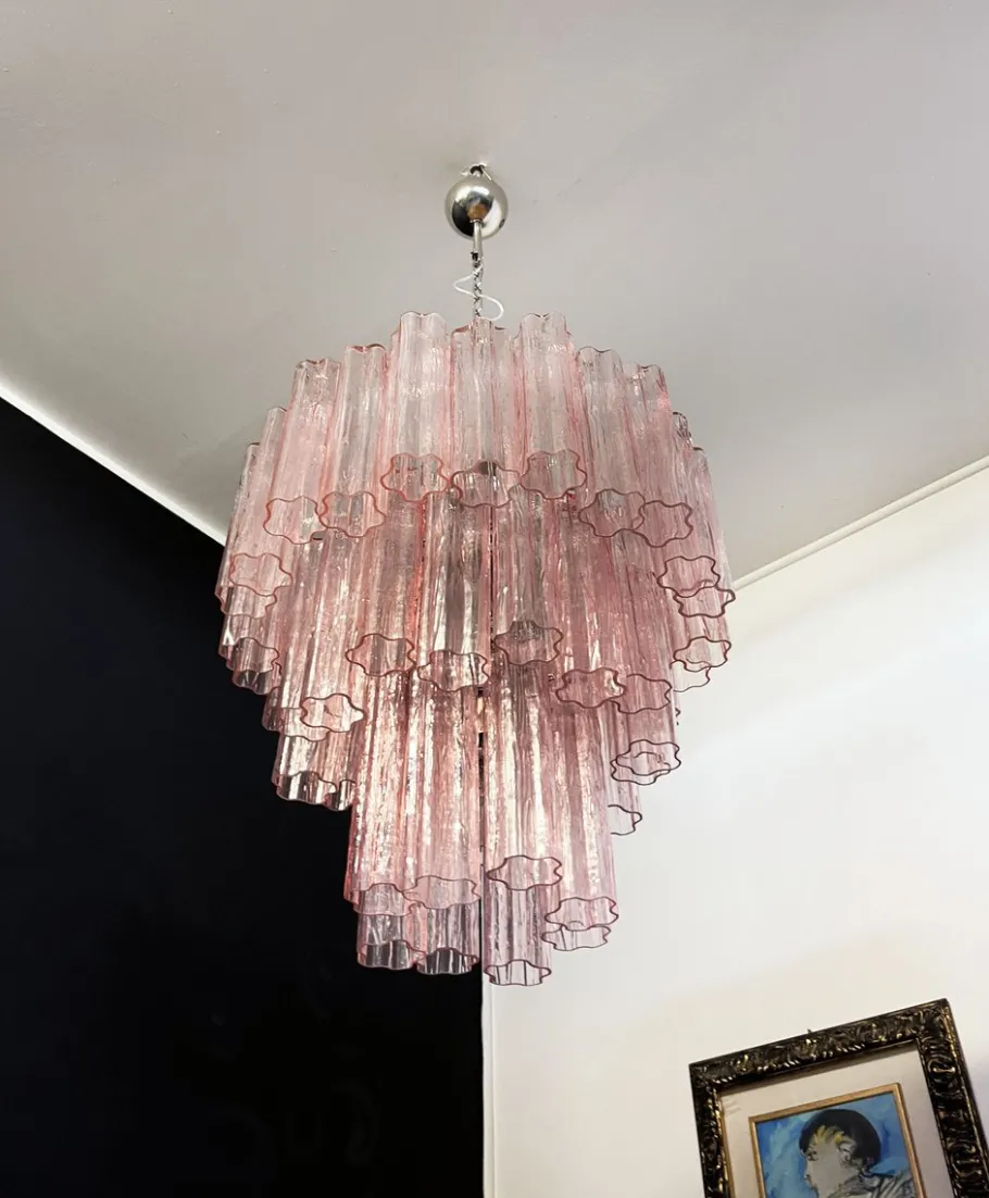 Best Pamono Mid-Century Modern Three-Tier Murano Glass Tube Chandelier with 48 Pink Glasses, 1990s