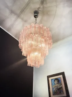 Best Pamono Mid-Century Modern Three-Tier Murano Glass Tube Chandelier with 48 Pink Glasses, 1990s