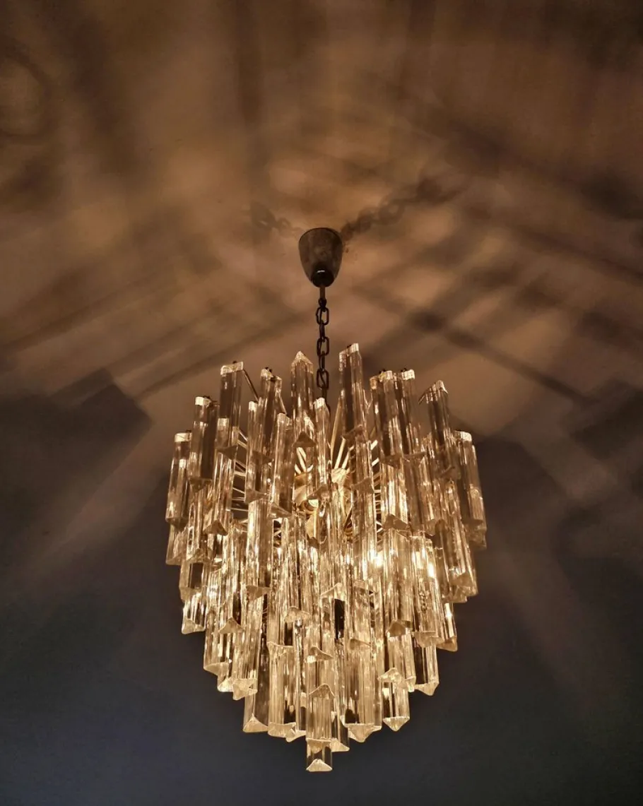 Best Pamono Mid-Century Modern Triedri Crystal Chandelier attributed to Paolo Venini, Italy, 1950s