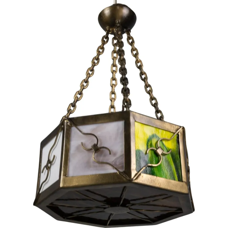 Clearance Pamono Mid-Century Octagonal Patinated Metal and Tiffany Glass Pendant Light, Germany