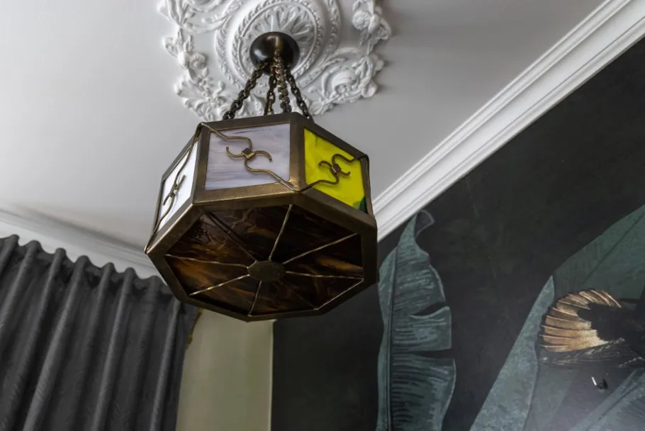 Clearance Pamono Mid-Century Octagonal Patinated Metal and Tiffany Glass Pendant Light, Germany