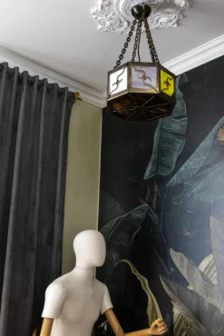 Clearance Pamono Mid-Century Octagonal Patinated Metal and Tiffany Glass Pendant Light, Germany