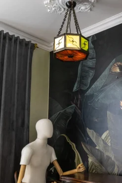 Clearance Pamono Mid-Century Octagonal Patinated Metal and Tiffany Glass Pendant Light, Germany