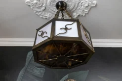 Clearance Pamono Mid-Century Octagonal Patinated Metal and Tiffany Glass Pendant Light, Germany