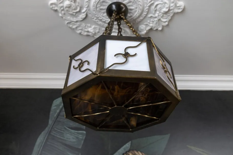 Clearance Pamono Mid-Century Octagonal Patinated Metal and Tiffany Glass Pendant Light, Germany