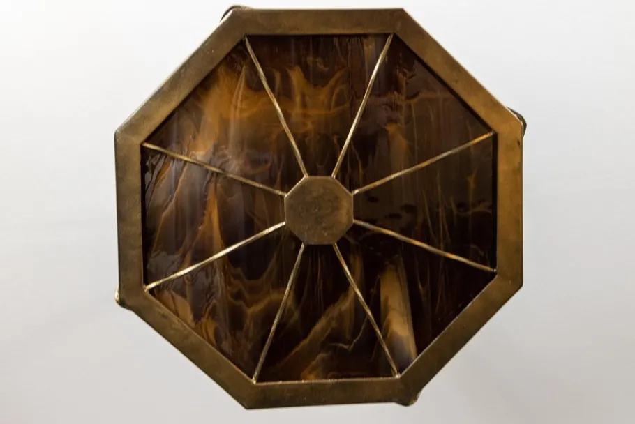 Clearance Pamono Mid-Century Octagonal Patinated Metal and Tiffany Glass Pendant Light, Germany