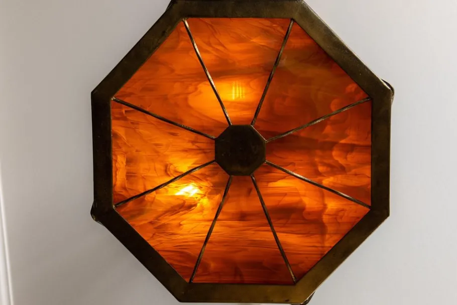 Clearance Pamono Mid-Century Octagonal Patinated Metal and Tiffany Glass Pendant Light, Germany