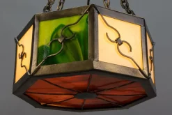 Clearance Pamono Mid-Century Octagonal Patinated Metal and Tiffany Glass Pendant Light, Germany