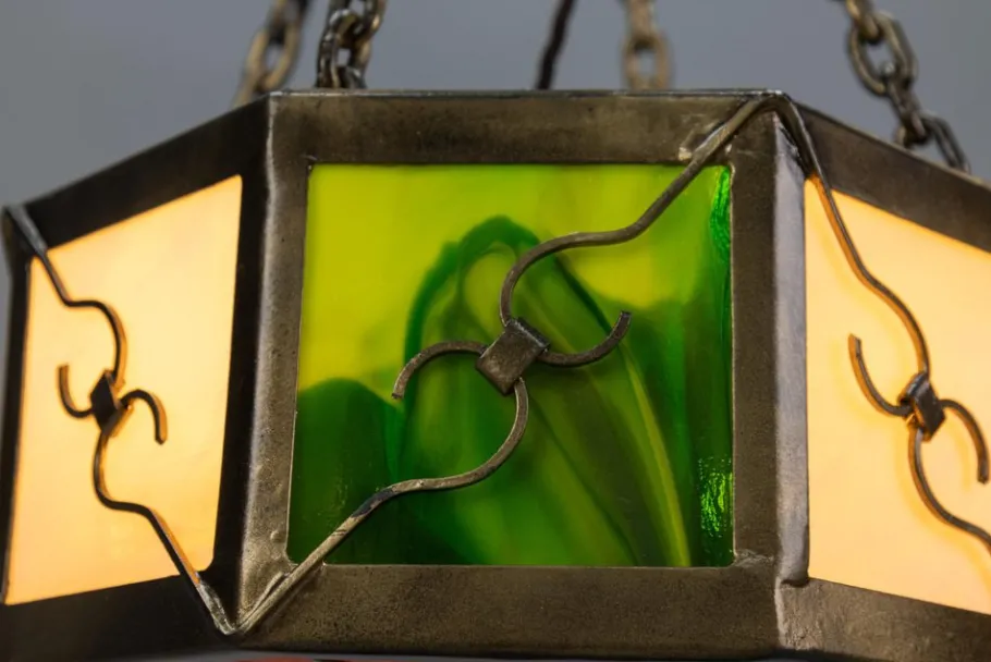 Clearance Pamono Mid-Century Octagonal Patinated Metal and Tiffany Glass Pendant Light, Germany