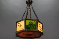 Clearance Pamono Mid-Century Octagonal Patinated Metal and Tiffany Glass Pendant Light, Germany