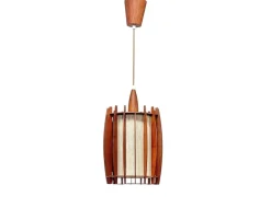 Discount Pamono Mid-Century Pendant Lamp in Teak and Brass with Sculptural Lamella Shade, Denmark, 1950s-1960s