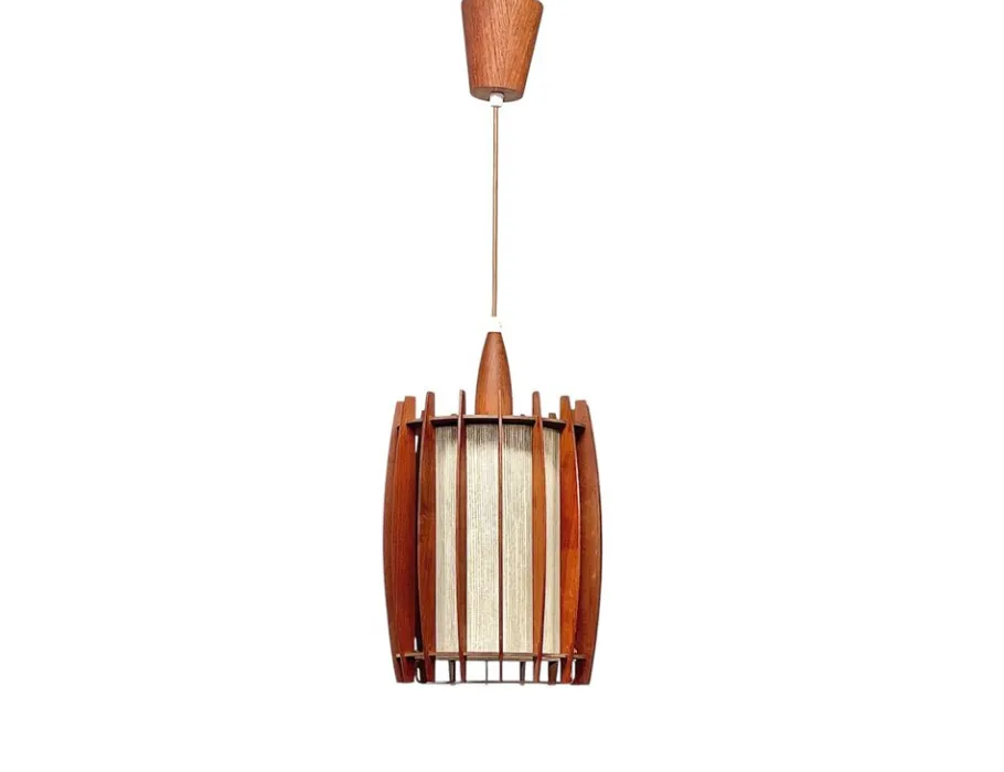 Discount Pamono Mid-Century Pendant Lamp in Teak and Brass with Sculptural Lamella Shade, Denmark, 1950s-1960s