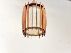 Discount Pamono Mid-Century Pendant Lamp in Teak and Brass with Sculptural Lamella Shade, Denmark, 1950s-1960s