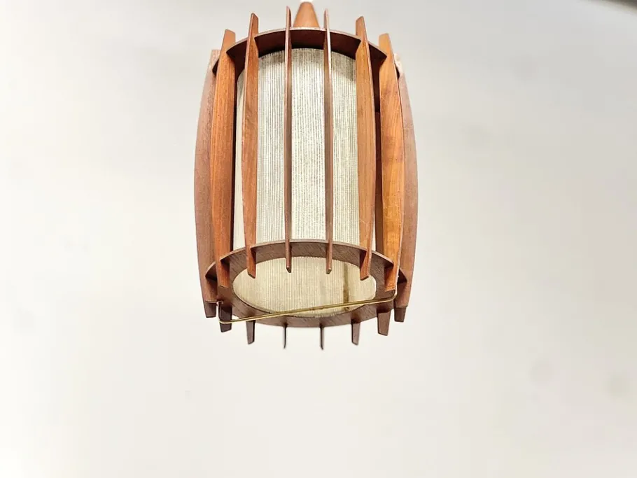 Discount Pamono Mid-Century Pendant Lamp in Teak and Brass with Sculptural Lamella Shade, Denmark, 1950s-1960s