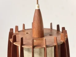 Discount Pamono Mid-Century Pendant Lamp in Teak and Brass with Sculptural Lamella Shade, Denmark, 1950s-1960s